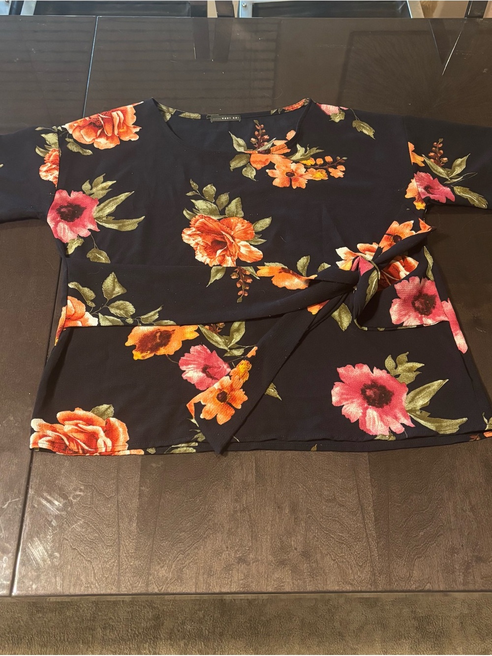 West Kei Black Floral Tie-Front Tunic with Pink & Orange Blooms